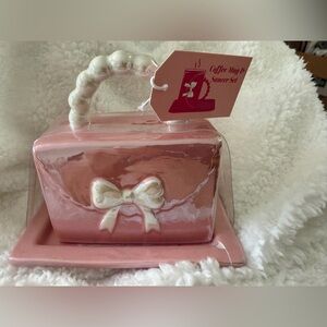 Pink Ceramic Coffee Mug and Saucer Set with Bow